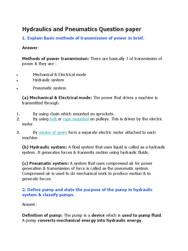 Hydraulics and Pneumatics Question Paper PDF Valve Pump