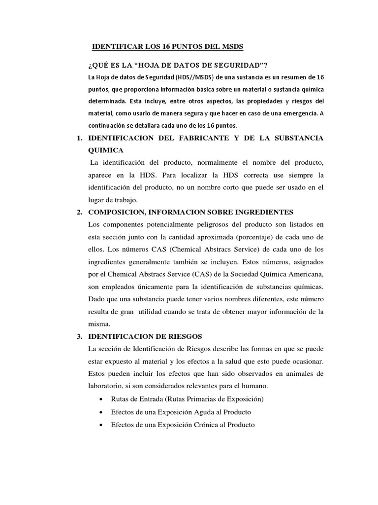 16 Puntos Clave de la Hoja de Seguridad | PDF | Primeros auxilios ...