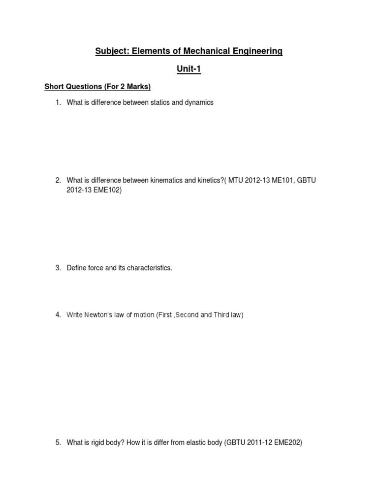 Elements of Mechanical Engineering Notes | PDF | Force | Sphere