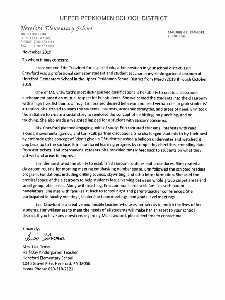 Erin Crawford Recommendation Letter | PDF | Classroom | Teachers