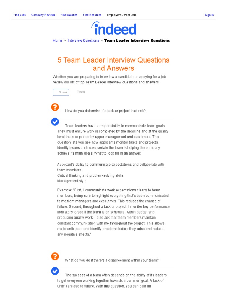5 Team Leader Interview Questions and Answers PDF Performance