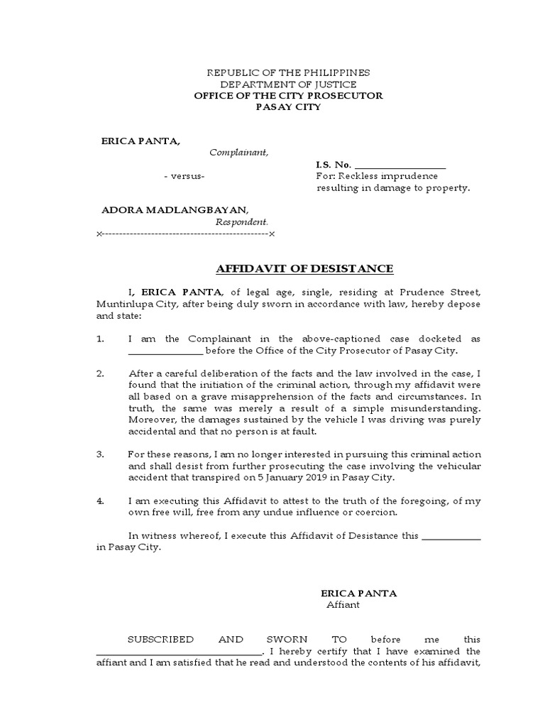 Affidavit of Desistance | PDF | Affidavit | Prosecutor