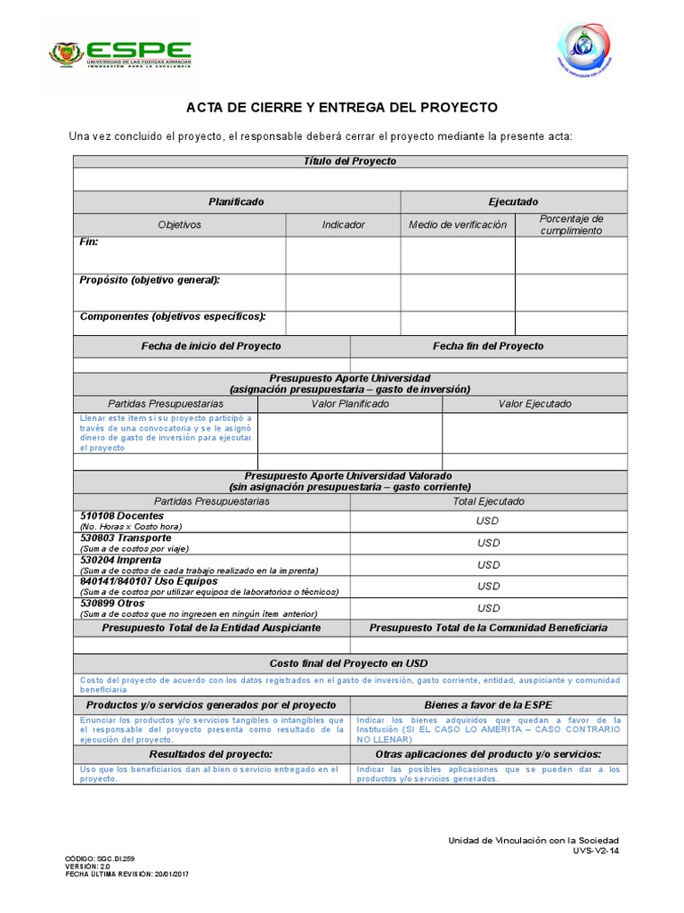 Acta de Cierre y Entrega del Proyecto | PDF | Presupuesto | Economias