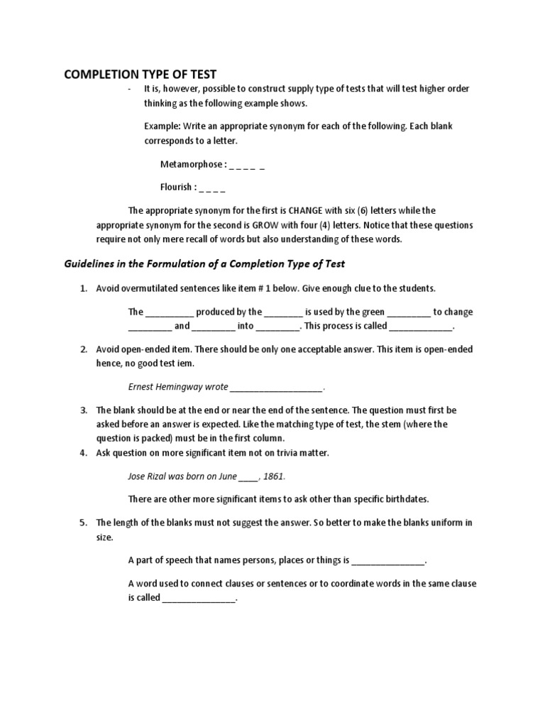 Completion type of test pdf