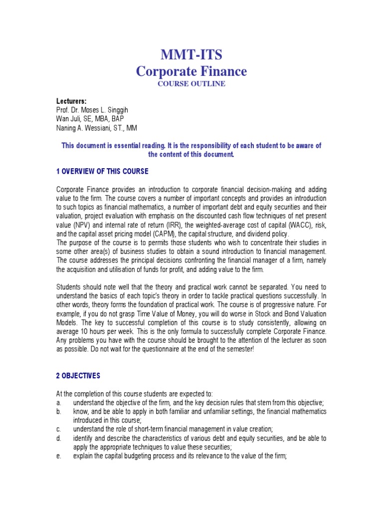 Corporate Finance Course Outline | PDF | Lecture | Test (Assessment)