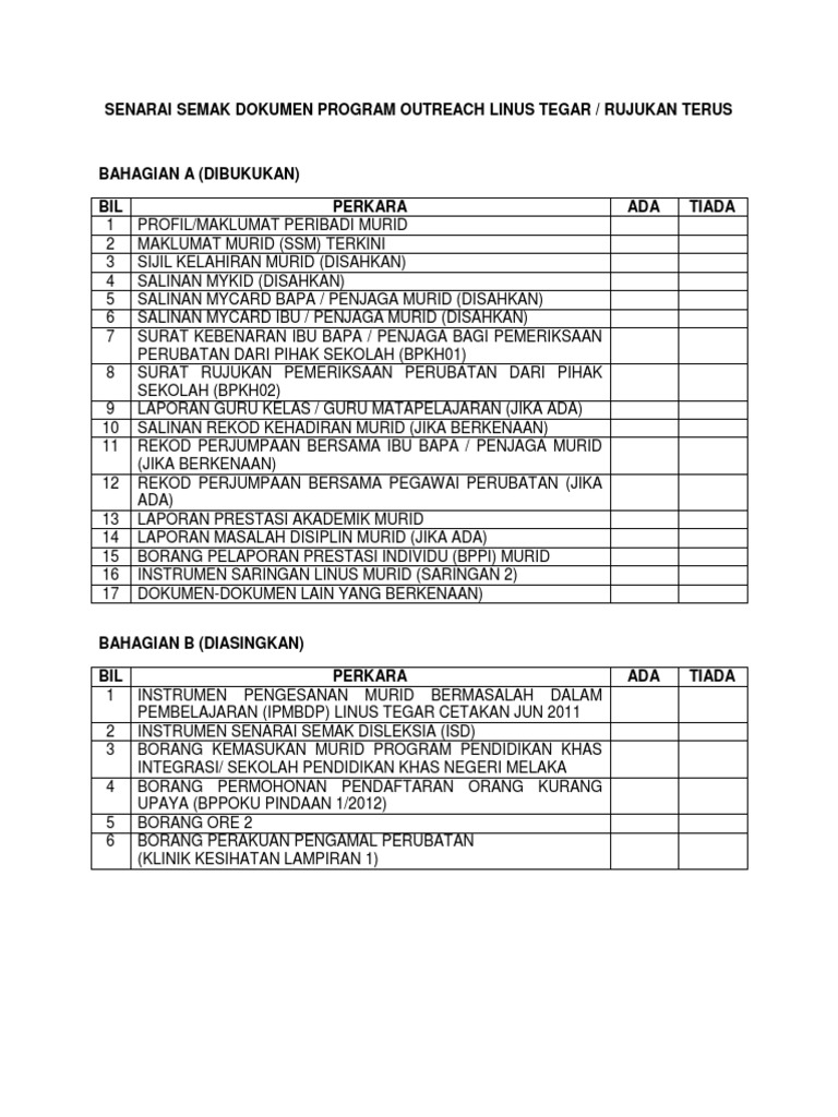 Senarai Semak Dokumen Program Outreach Linus Tegar | PDF