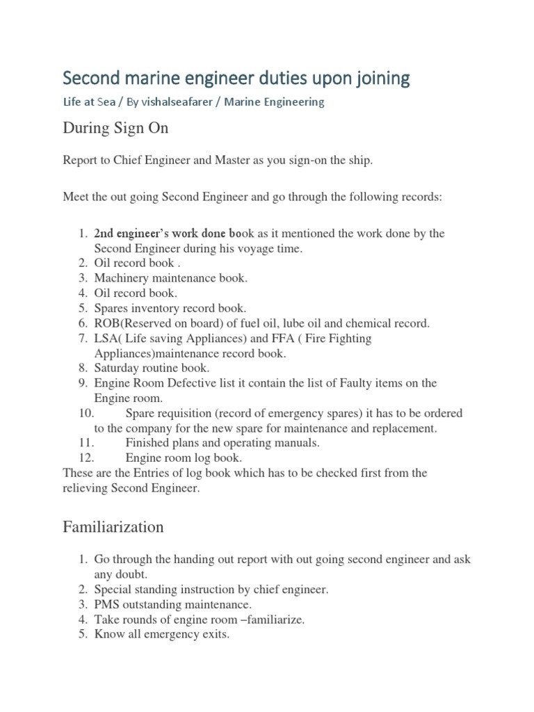 Second Marine Engineer Duties PDF Fuel Oil Engines