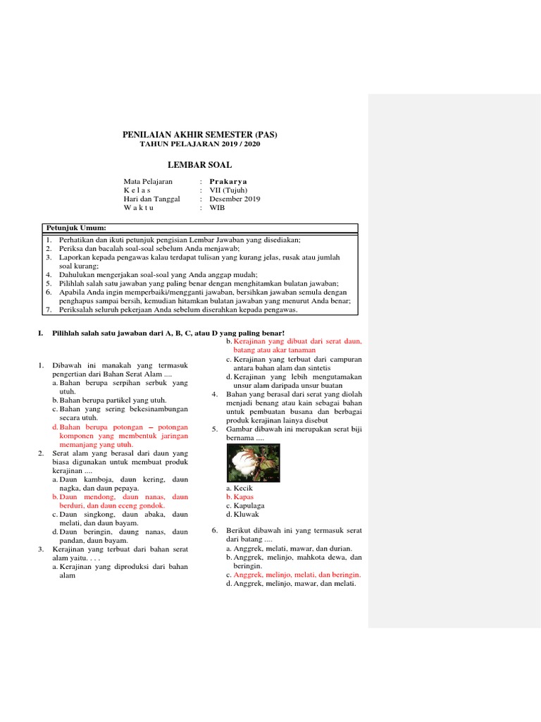 Soal Prakarya Kelas 7 Semster 1 Pdf