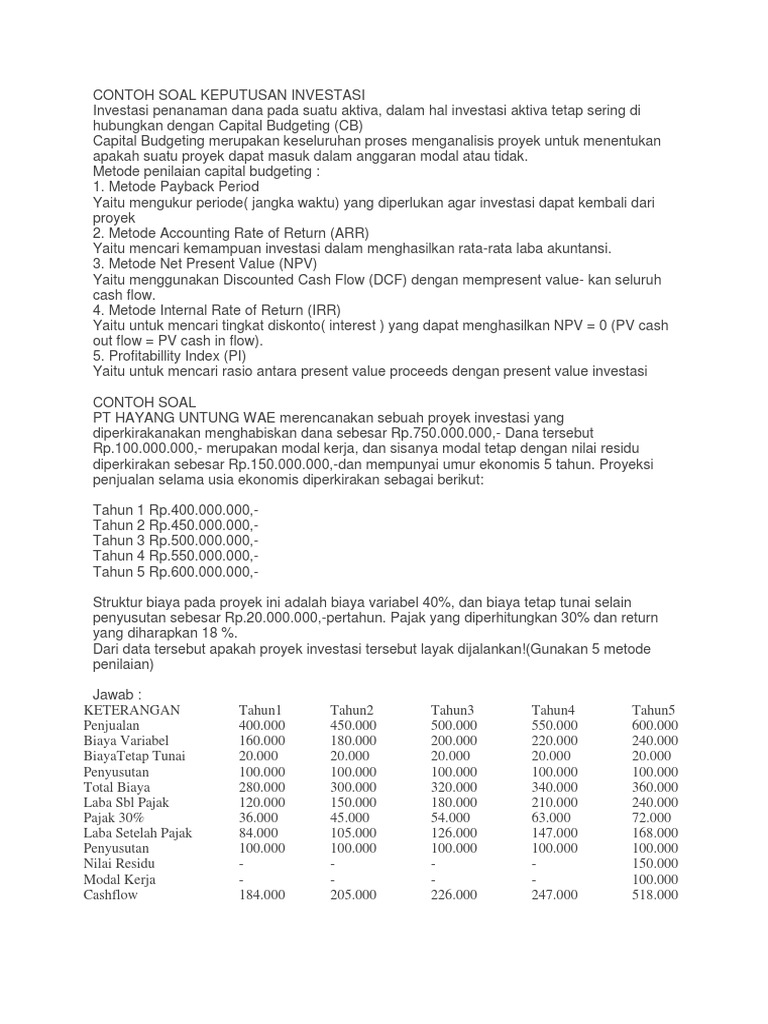 Contoh Soal Keputusan Investasi