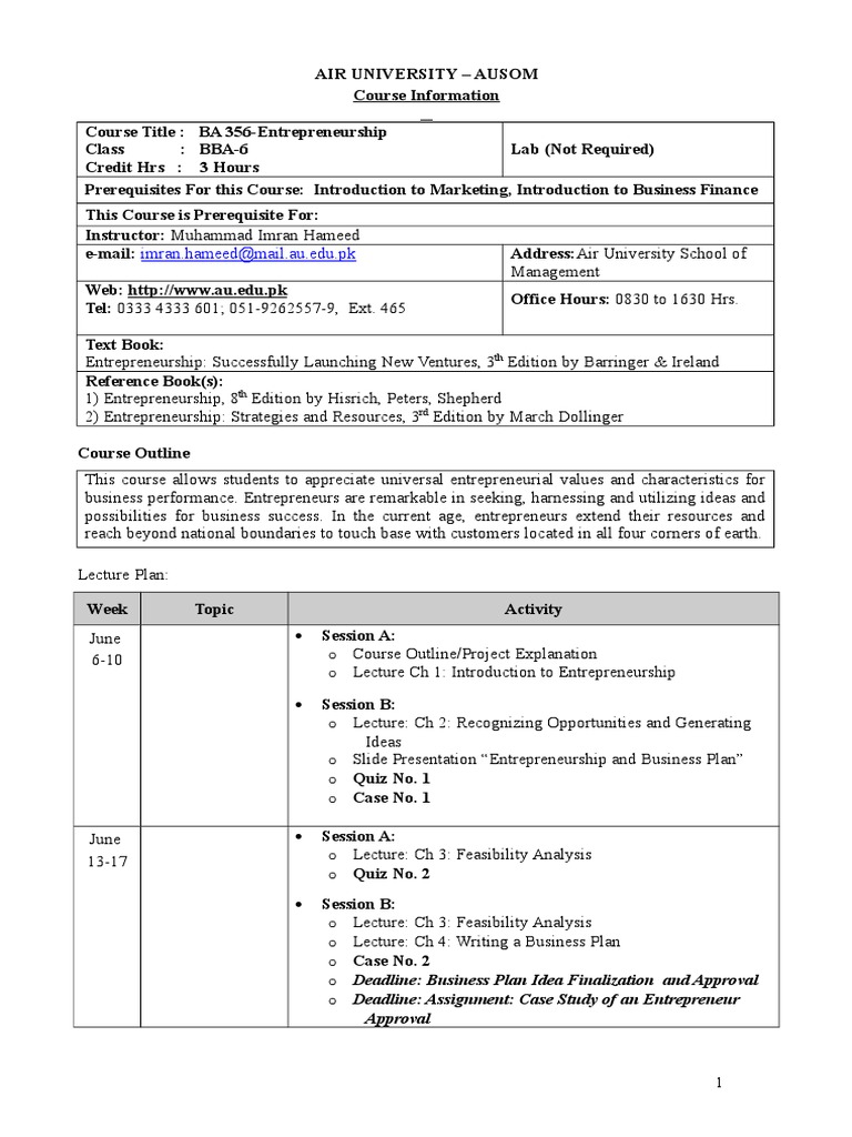 Course Outline Entrepreneurship | PDF | Business Plan | Entrepreneurship