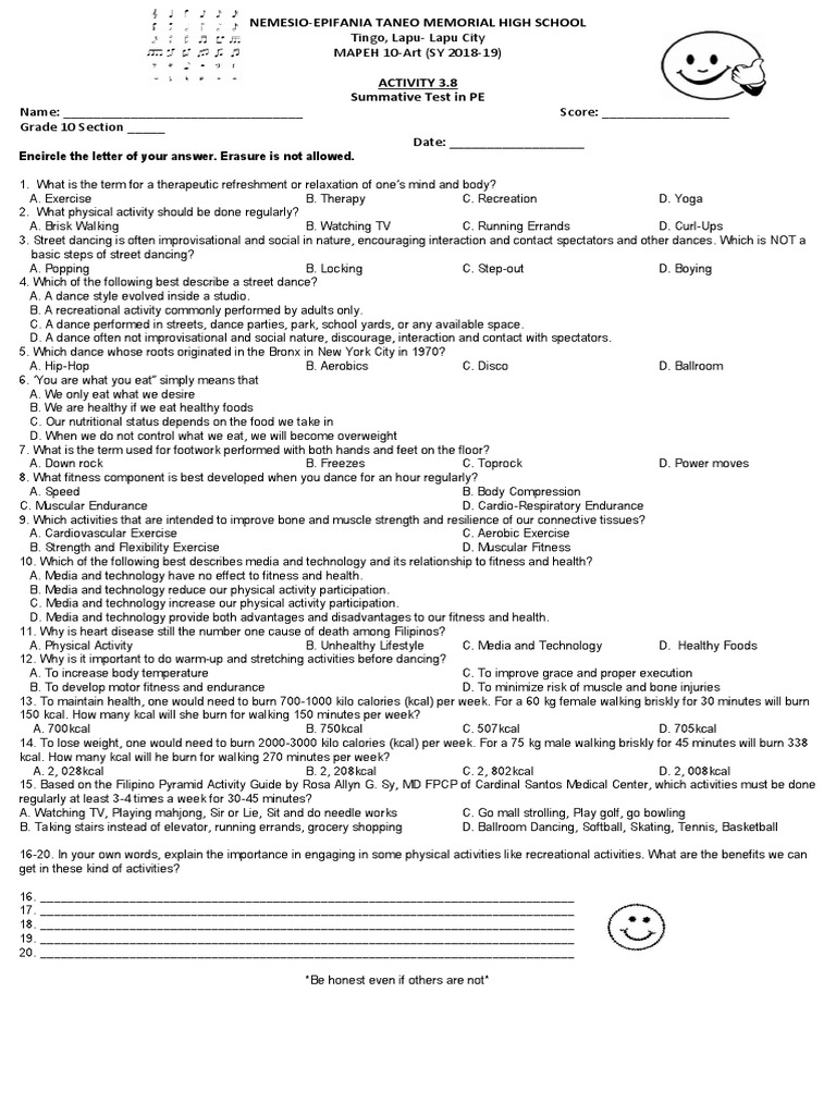 Grade 10 PE Summative Test Activity | PDF | Physical Fitness ...