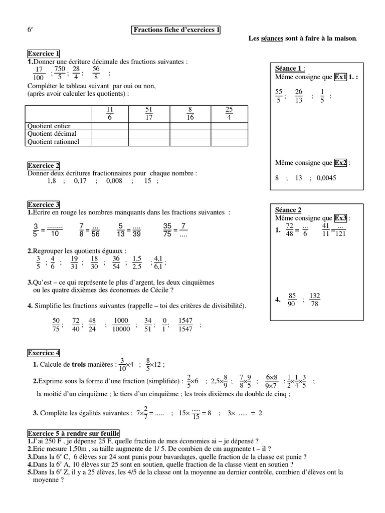 Fractions 6ème Exercices Et Corrigés Fichefrc PDF | PDF | Fraction (Mathématiques) | Arithmétique
