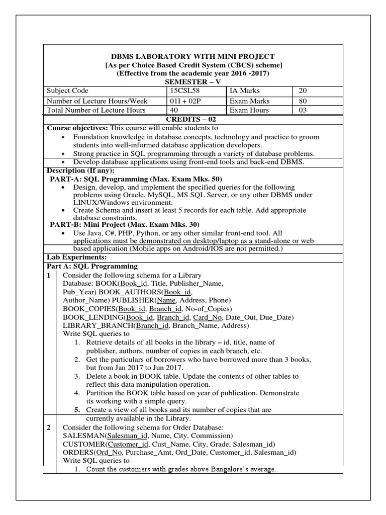 Dbms Lab Manual 15csl58 Databases Mobile App