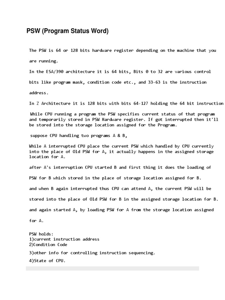 PSW | PDF | Central Processing Unit | Bit