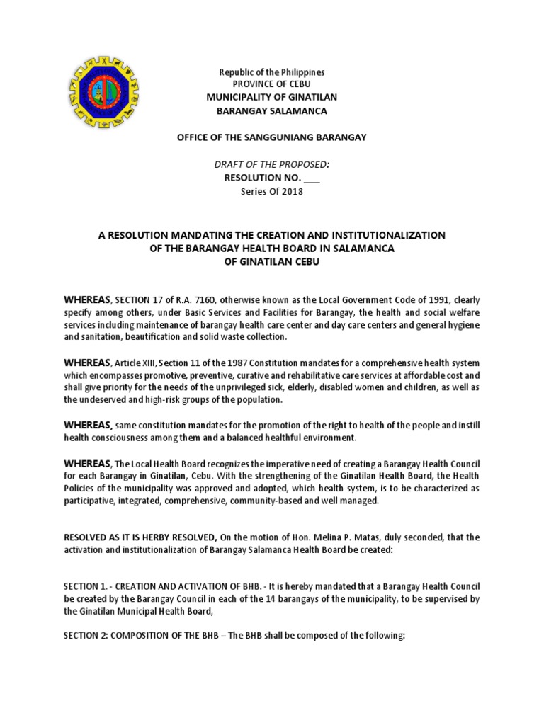 Resolution for Barangay Health Board Creation | PDF | Quorum | Health Care