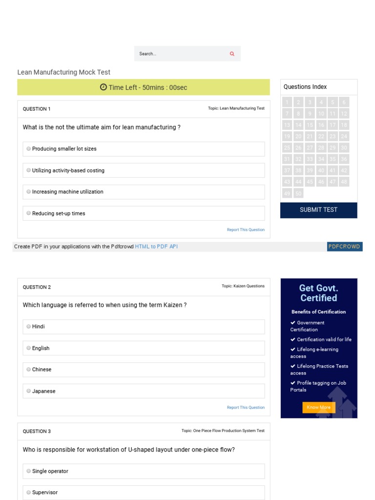WWW Vskills in Practice Lean Manufacturing Mock Test | PDF | Lean ...