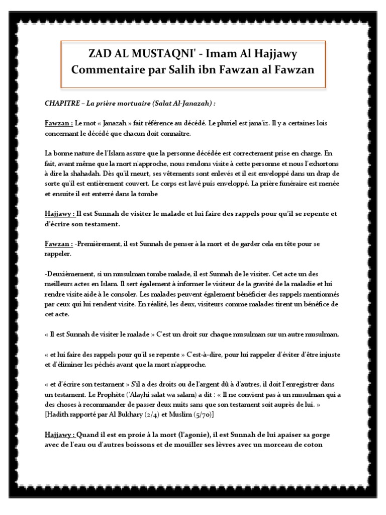 Zad Al Mustaqni Chap 32 La Priere Funeraire Salat Al Janaza Pdf Mort Mahomet