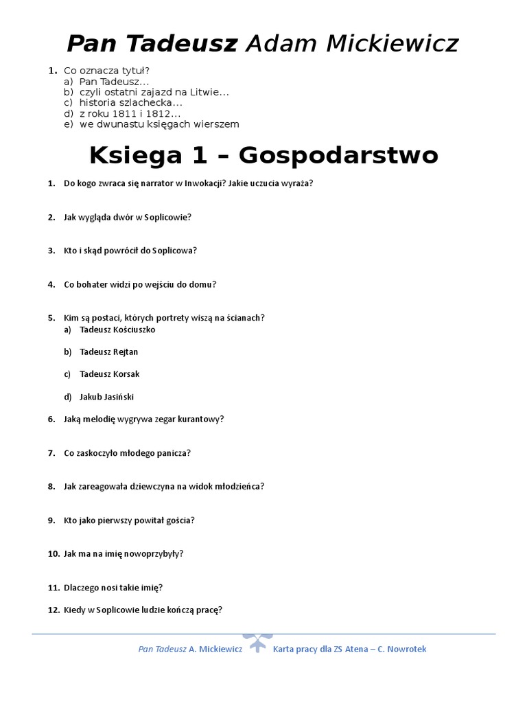 Pan Tadeusz Test Klasa 8 PAN TADEUSZ Karta Pracy