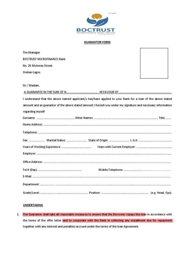 Loan Guarantor Form PDF Guarantee Credit