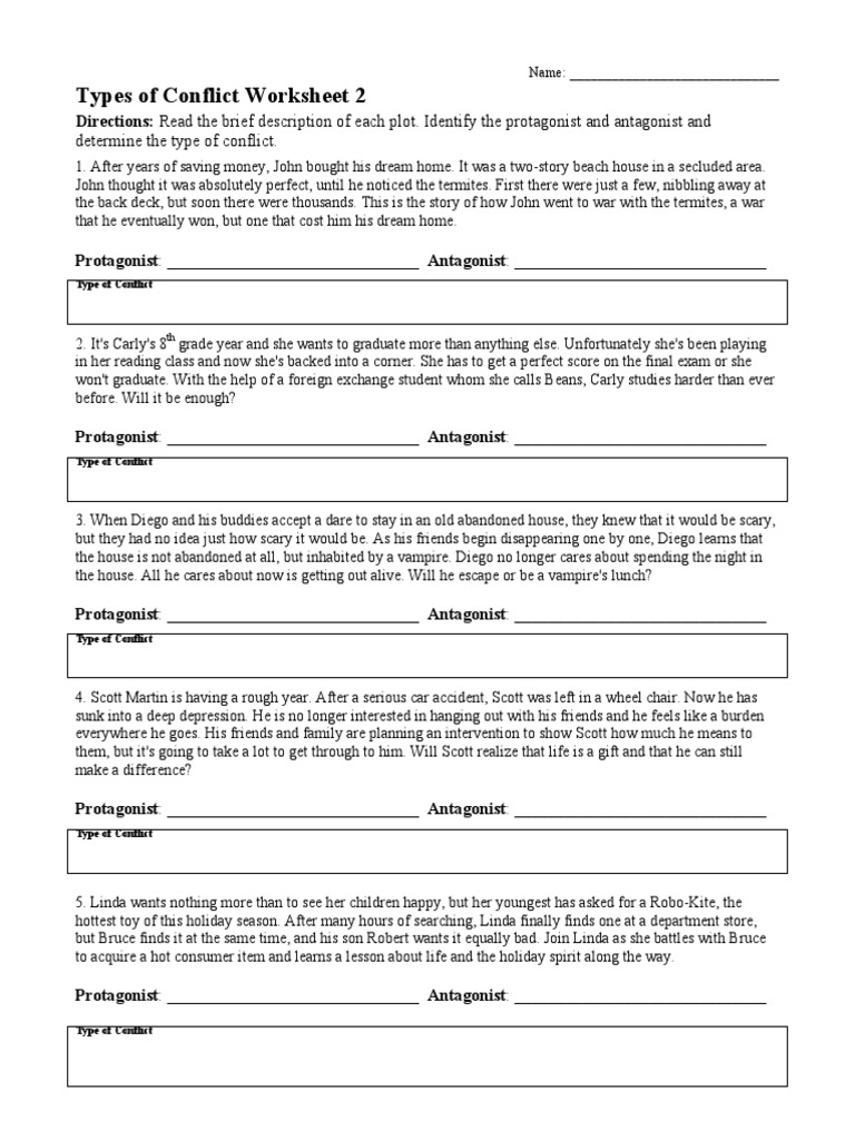 Types of Conflict Worksheet 2 | PDF