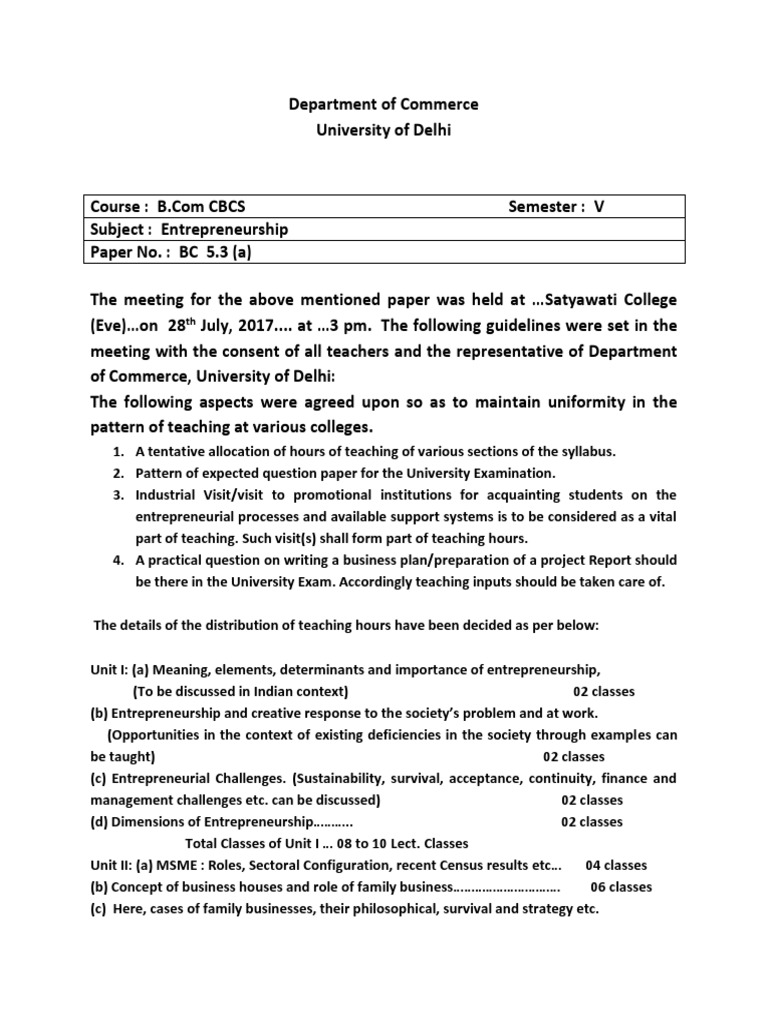 CBCS Guidelines For B.com Sem V Paper No. BC 5.3a Entrepreneurship ...