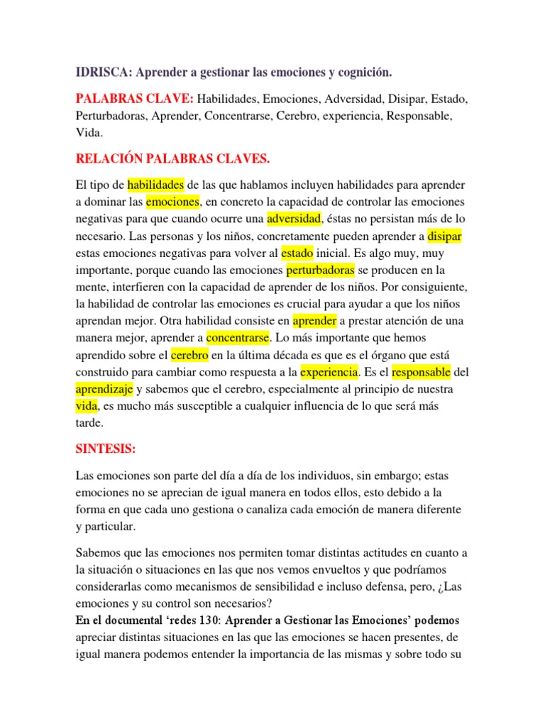 Control Emocional y Aprendizaje Infantil | PDF | Las emociones ...