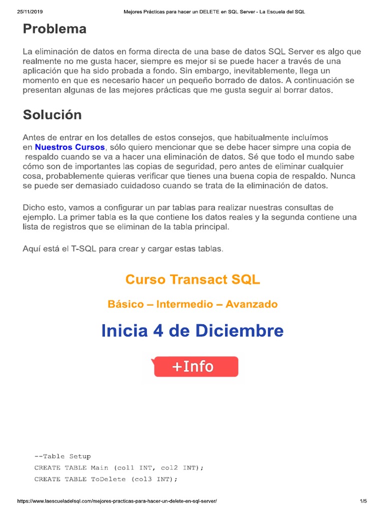 Mejores Practicas para Haer Un DELETE en SQL Server | PDF | Bases de ...