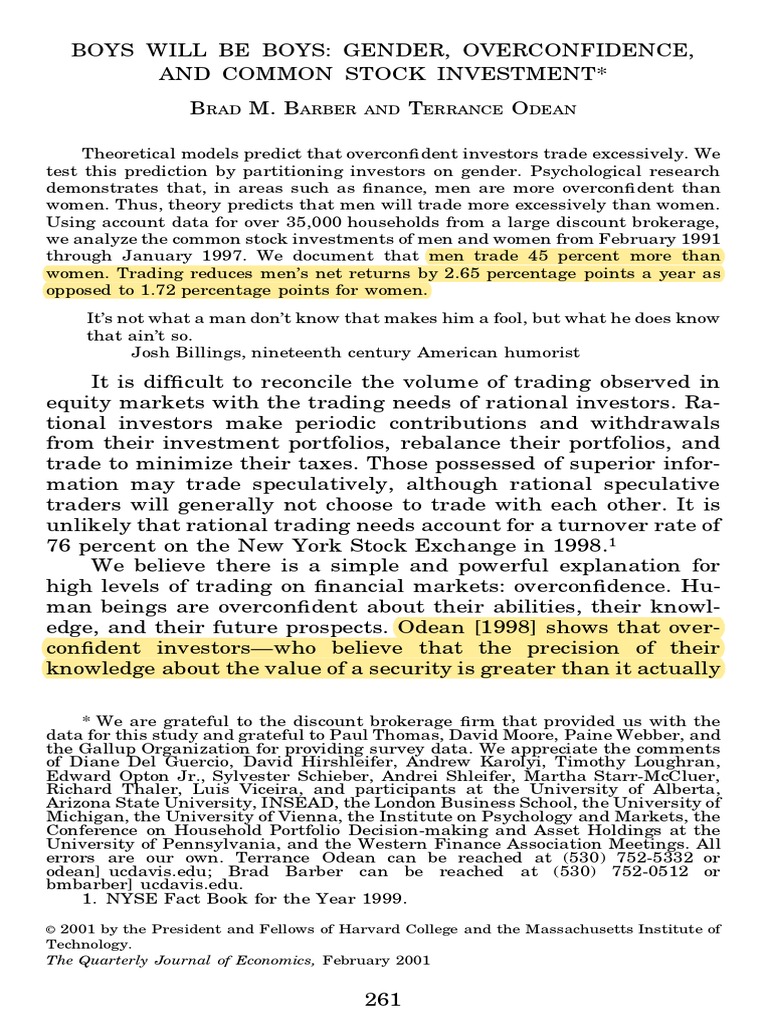 Barber, Brad M. Odean Terrence Boys Will Be Boys PDF PDF Investing Stocks