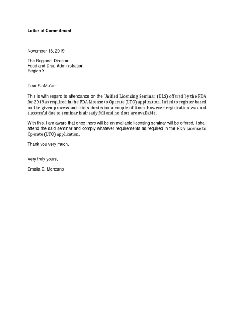 Letter of Commitment Template  PDF Pertaining To Letter Of Commitment Template