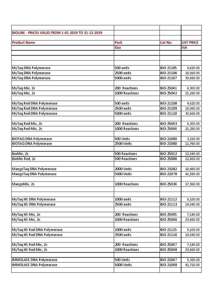 Bioline Inr Price List Valid Till 31122019 PDF Agarose Gel Electrophoresis Dna