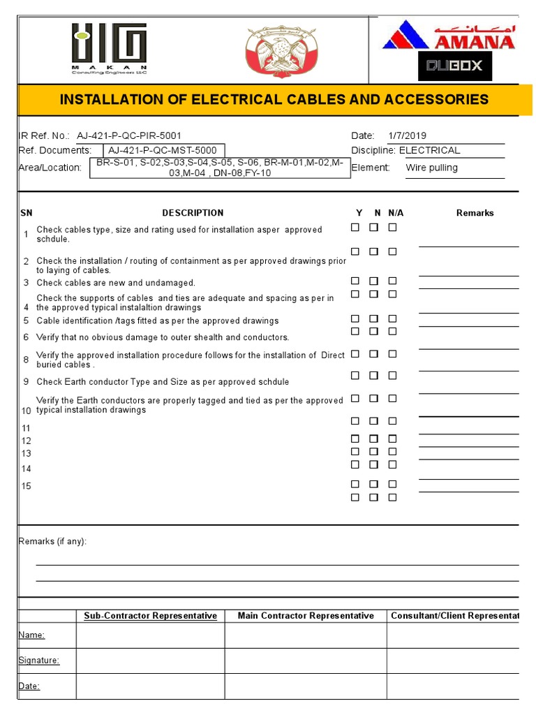 Electrical Cable Installation Checklist | PDF