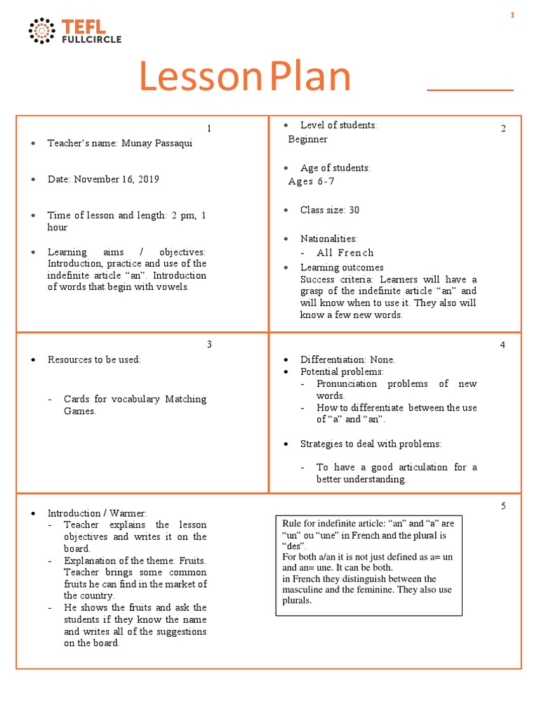 Lesson Plan French Language Lesson Plan