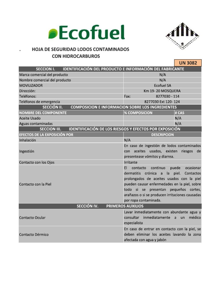 Hojas de Seguridad Lodos Contaminados Con Hidrocarburo | PDF