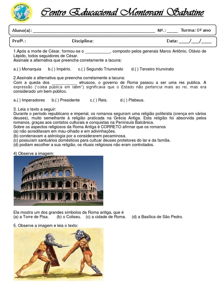Questões sobre Roma Antiga - 6º Ano | PDF | Roma Antiga | História Antiga