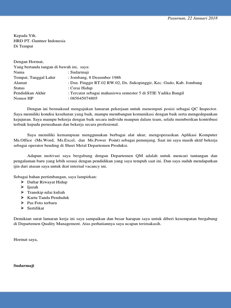 Download 77+ Contoh Surat Lamaran Kerja Sebagai Qc Terbaru Gratis