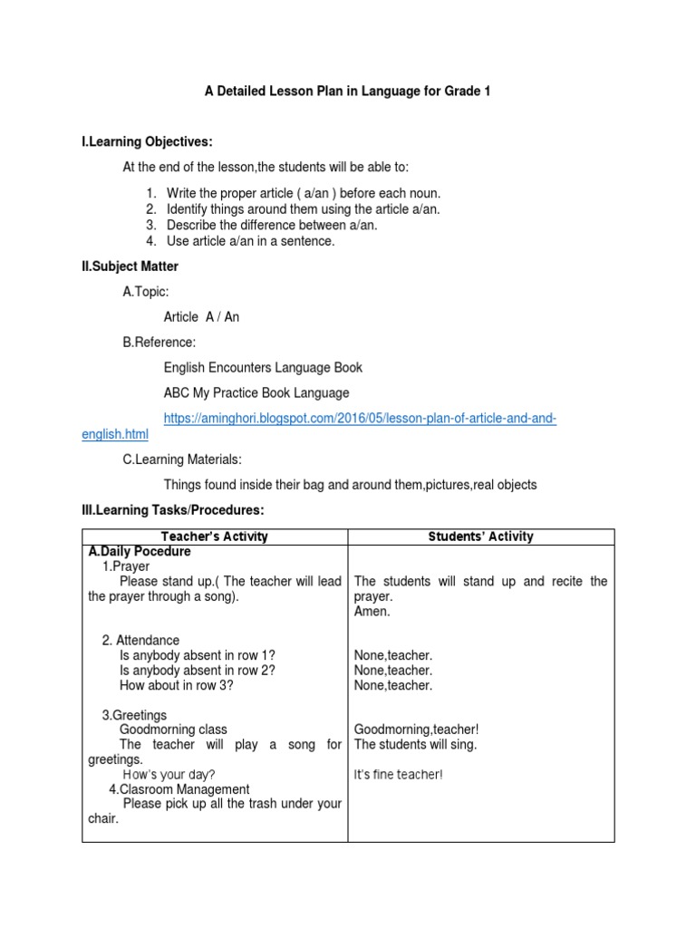 Grade 1 Lesson Plan: Articles A/An | PDF | Noun | Consonant
