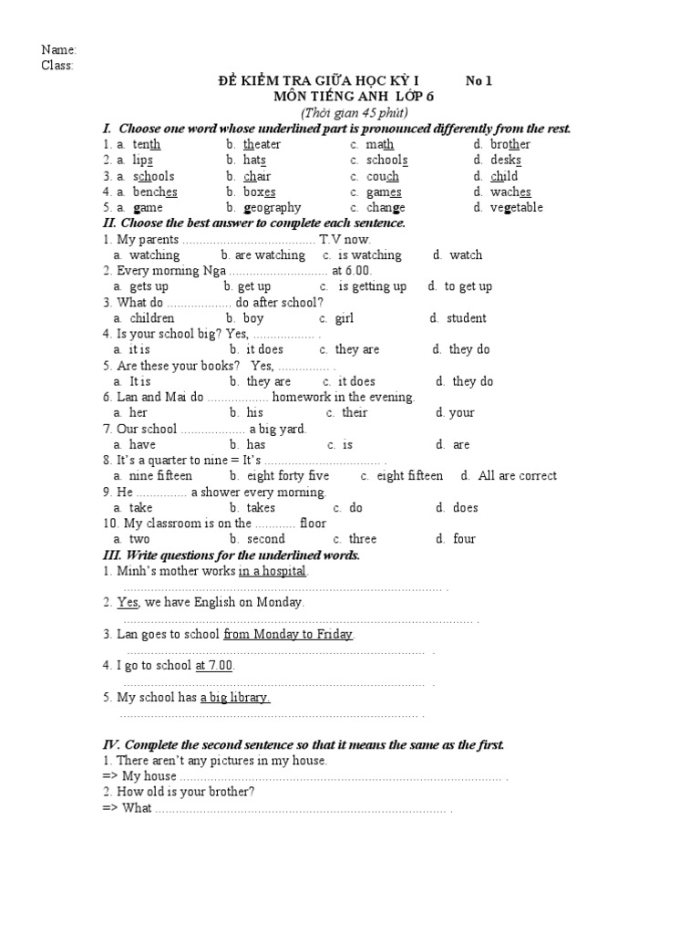 English Test for 6th Grade Students | PDF | Learning