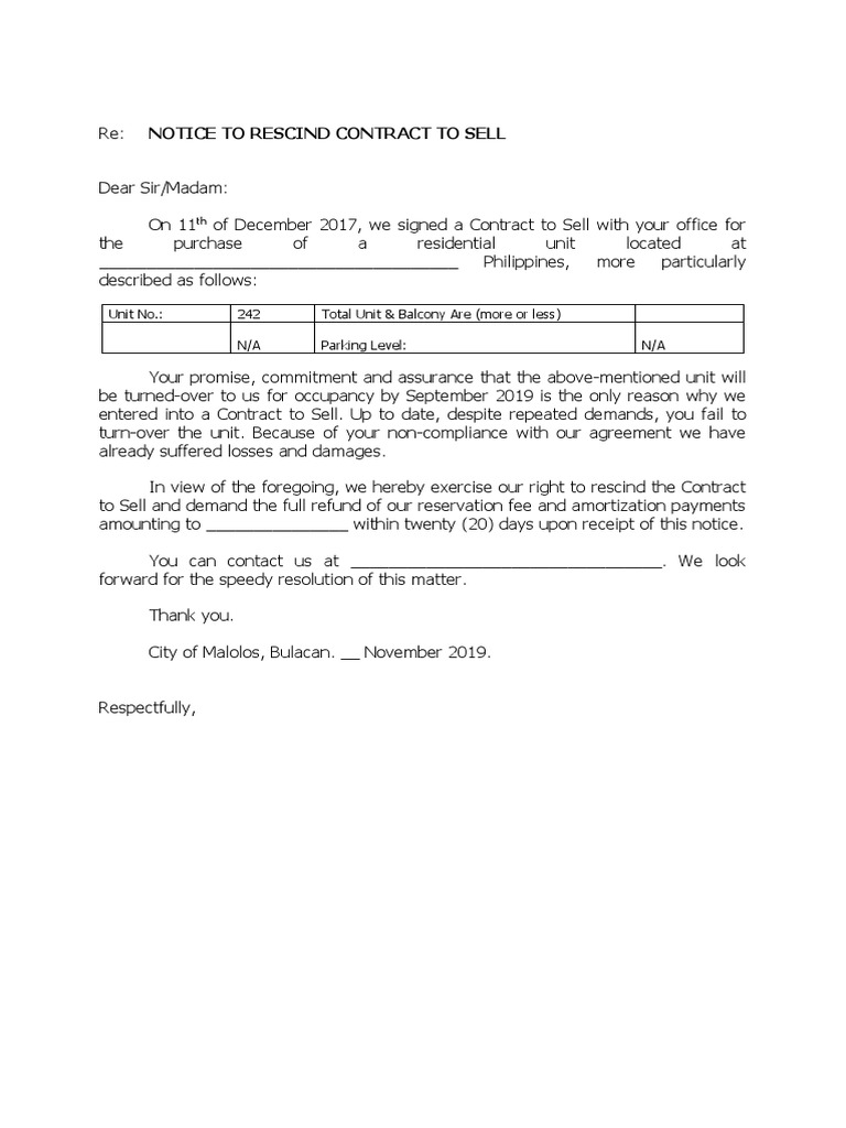 Notice To Rescind Condominium Contract | PDF