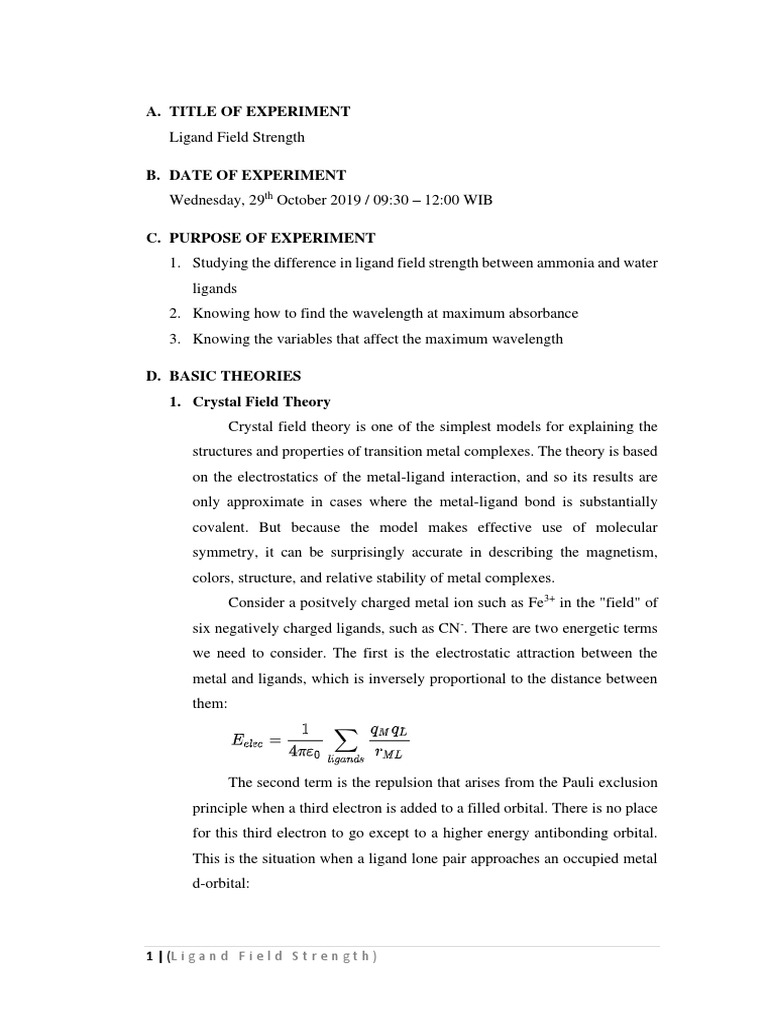 Ligand Field Strength PDF Ligand Coordination Complex