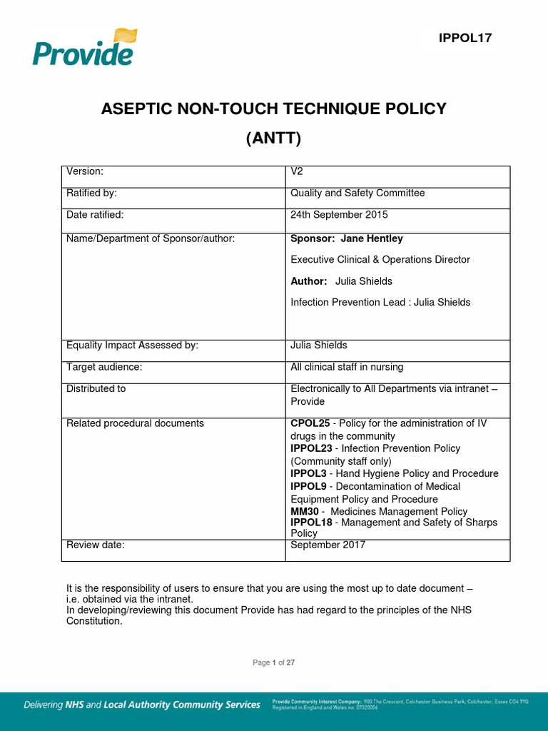 IPPOL17 Aseptic Non Touch Tecnique (ANTT) Policy | PDF | Infection ...