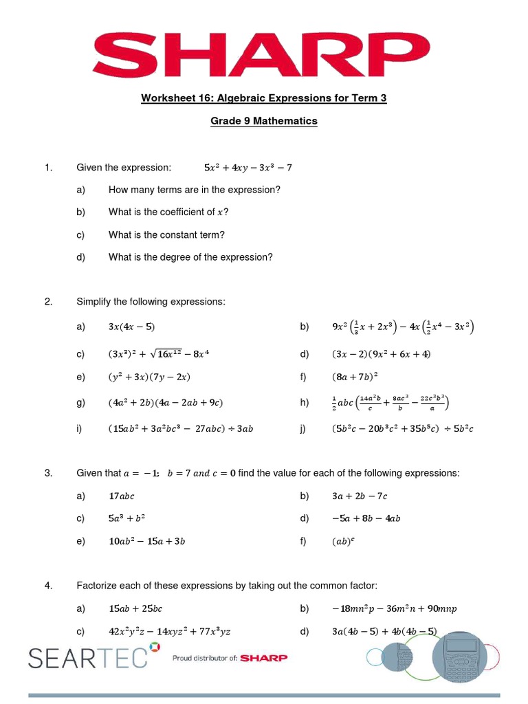 Algebraic Equations Worksheets Grade 10 Worksheet 3: Algebraic