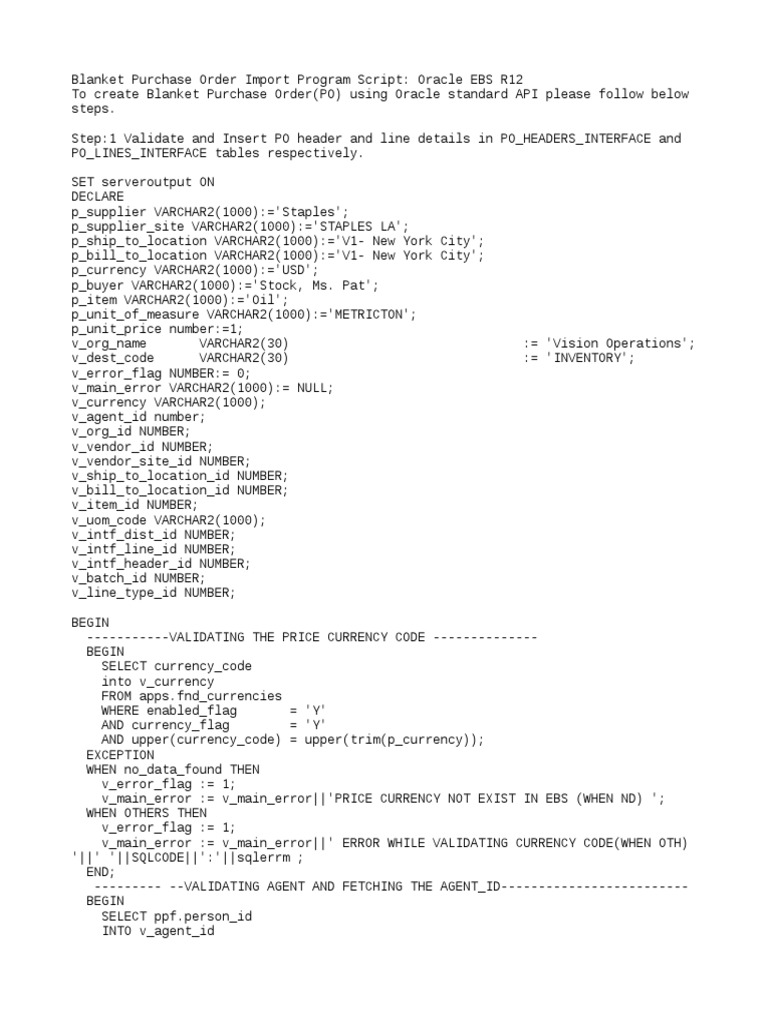 Blanket Purchase Order Import Program Script Oracle EBS R12