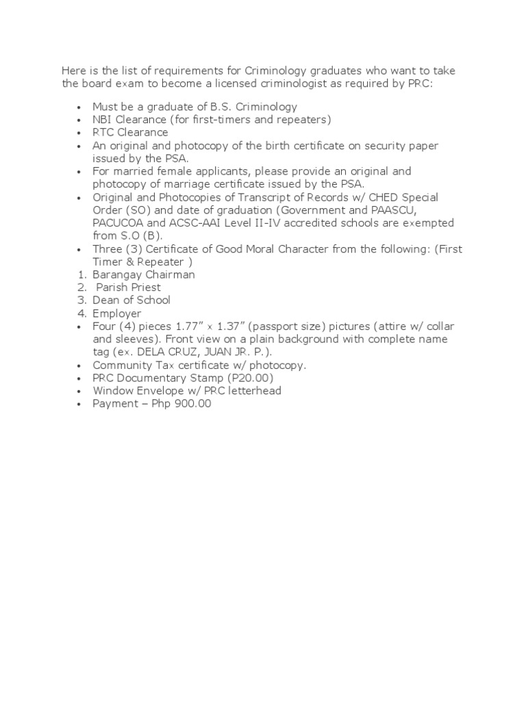 Here is the list of requirements for Criminology graduates who want to