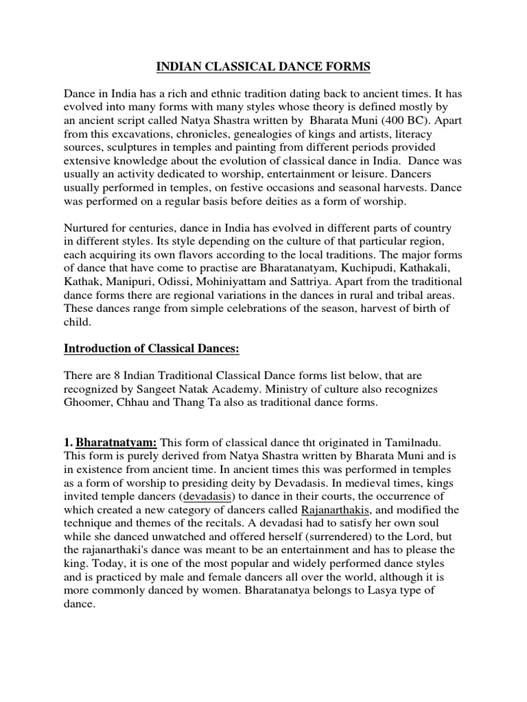 Brief Introduction To Classical Dance Forms | PDF | Dances | Performing ...