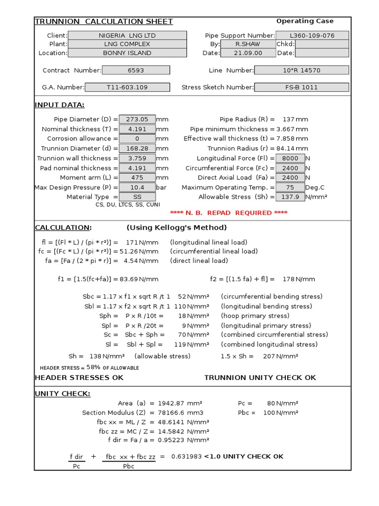 TRUNNION CALCULATION SHEET PDF Engineering Building Materials
