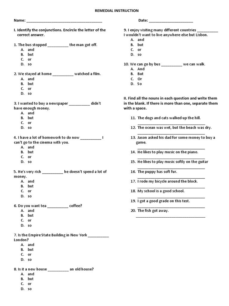 Conjunctions Identification Exercises | PDF | Language Arts & Discipline