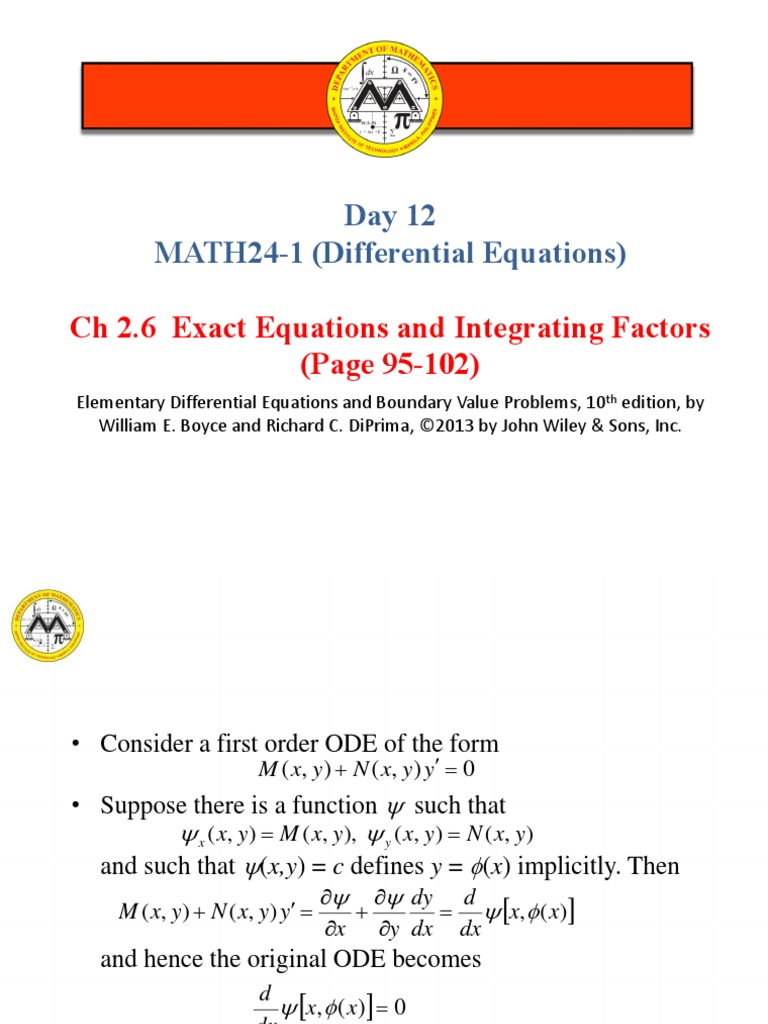 13 2 6 Exact Equations And Integrating Factors 1 2 Pptx Ordinary Differential Equation Differential Equations