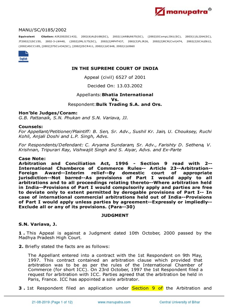 Bhatia International Vs Bulk Trading SA and Ors