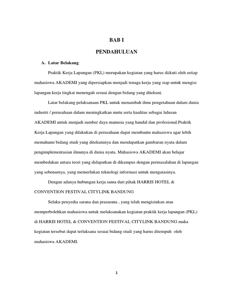 Laporan Kegiatan Praktek Kerja Lapangan Di Harris Hotel Docx