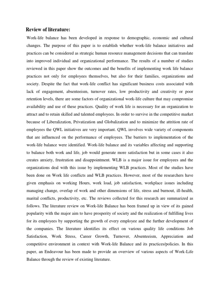 Review of Literature Work Life Balance | PDF | Work–Life Balance | Job ...